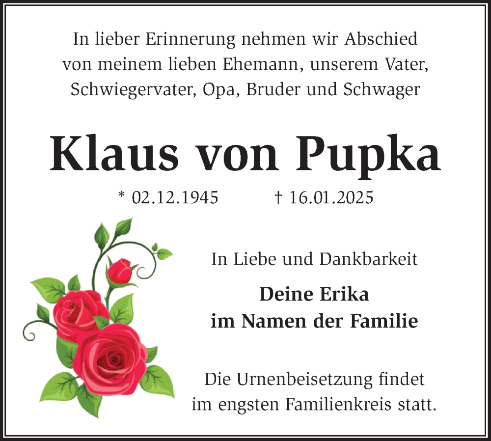 Traueranzeigen Von Klaus Von Pupka M Rkische Onlinezeitung Trauerportal