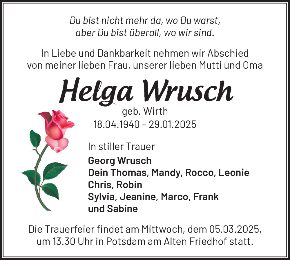 Traueranzeigen Von Helga Wrusch M Rkische Onlinezeitung Trauerportal