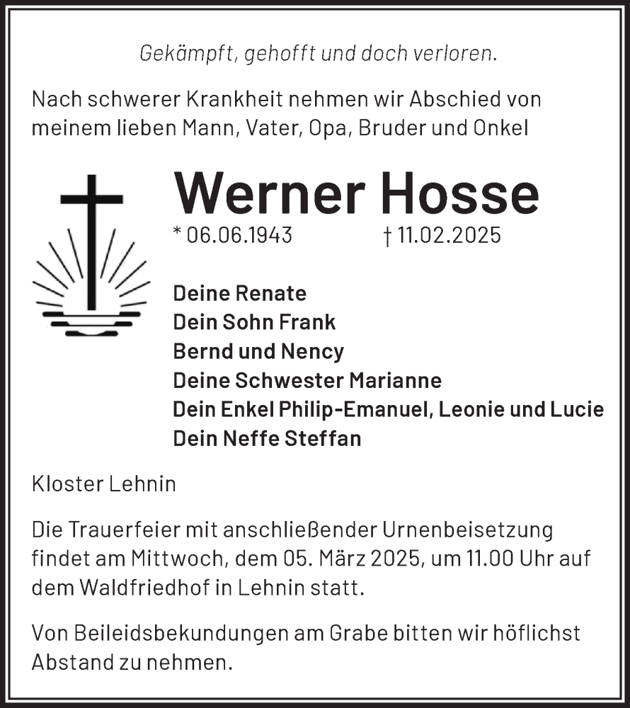 Traueranzeigen Von Werner Hosse M Rkische Onlinezeitung Trauerportal