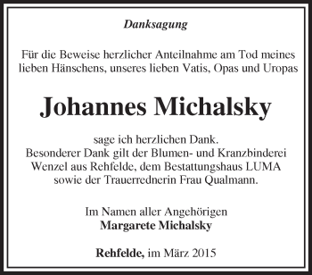 Traueranzeige von Johannes Michalsky von Märkische Oderzeitung