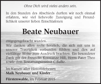 Traueranzeige von Beate Neubauer von Märkische Oderzeitung