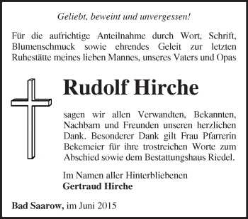 Traueranzeige von Rudolf Hirche von Märkische Oderzeitung