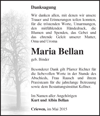 Traueranzeige von Maria Bellan von Märkische Oderzeitung