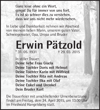 Traueranzeige von Erwin Pätzold von Märkische Oderzeitung