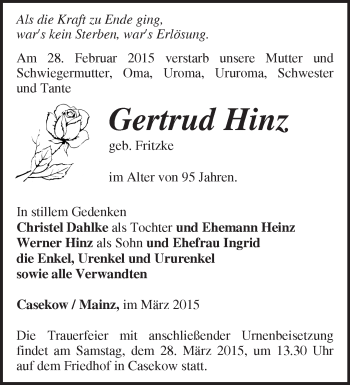 Traueranzeige von Gertrud Hinz von Märkische Oderzeitung