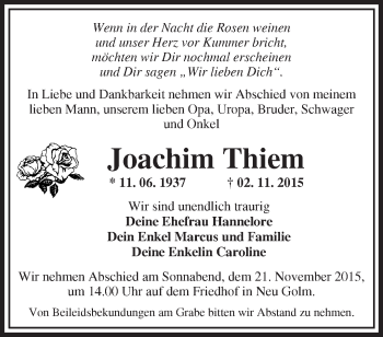 Traueranzeige von Joachim Thiem von Märkische Oderzeitung