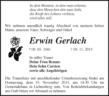 Traueranzeige von Erwin Gerlach von Märkische Oderzeitung