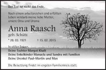 Traueranzeige von Anna Raasch von Märkische Oderzeitung