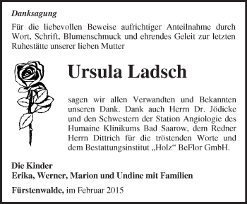 Traueranzeige von Ursula Ladsch von Märkische Oderzeitung