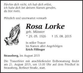 Traueranzeige von Rosa Lorke von Märkische Oderzeitung