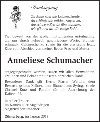 Traueranzeige von Anneliese Schumacher von Märkische Oderzeitung