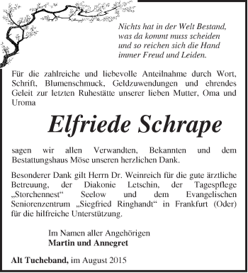 Traueranzeige von Elfriede Schrape von Märkische Oderzeitung