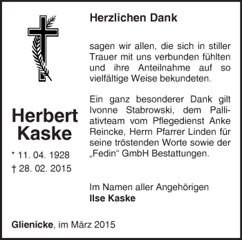 Traueranzeige von Herbert Kaske von Märkische Oderzeitung