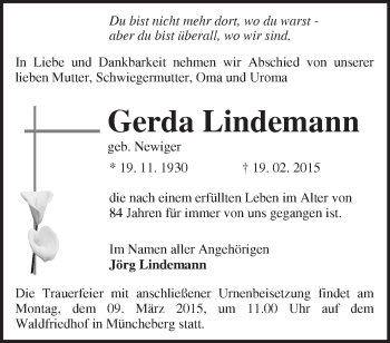 Traueranzeige von Gerda Lindemann von Märkische Oderzeitung