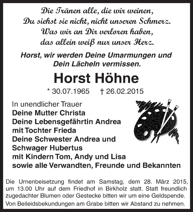  Traueranzeige für Horst Höhne vom 19.03.2015 aus Märkische Oderzeitung