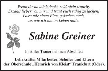 Traueranzeige von Sabine Greiner von Märkische Oderzeitung
