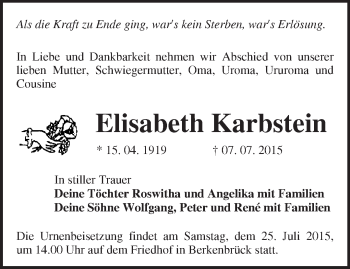 Traueranzeige von Elisabeth Karbstein von Märkische Oderzeitung