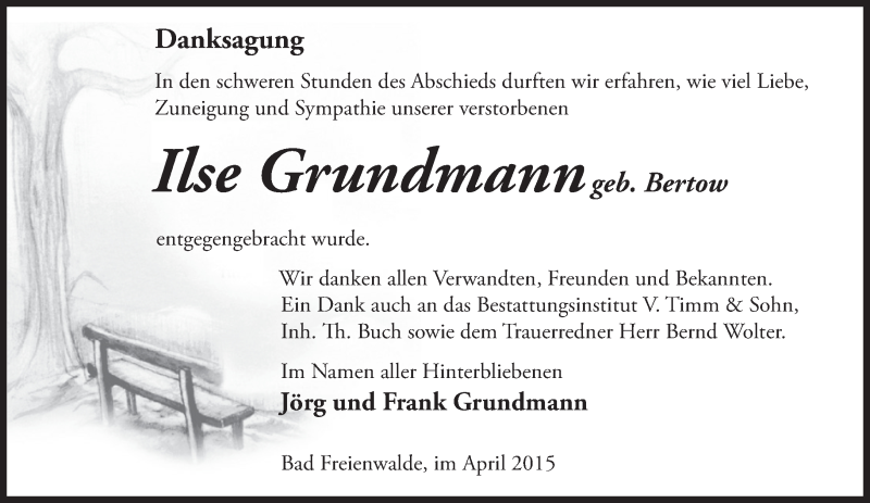  Traueranzeige für Ilse Grundmann vom 04.04.2015 aus Märkische Oderzeitung