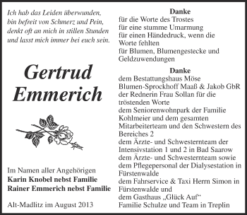 Traueranzeige von Gertrud Emmerich von Märkische Oderzeitung