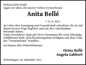 Traueranzeige von Anita Belle von Märkische Oderzeitung