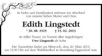 Traueranzeige von Edith Lingstedt von Märkische Oderzeitung