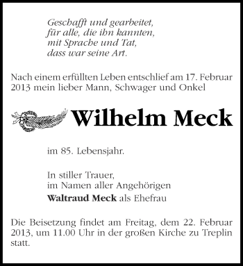 Traueranzeige von Wilhelm Meck von Märkische Oderzeitung