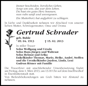 Traueranzeige von Gertrud Schrader von Märkische Oderzeitung
