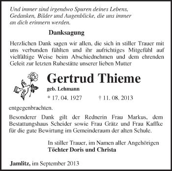 Traueranzeige von Gertrud Thieme von Märkische Oderzeitung