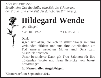 Traueranzeige von Hildegard Wende von Märkische Oderzeitung