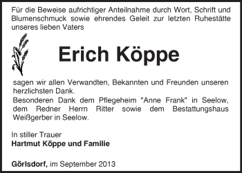 Traueranzeige von Erich Köppe von Märkische Oderzeitung