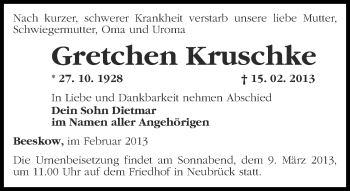 Traueranzeige von Gretchen Kruschke von Märkische Oderzeitung