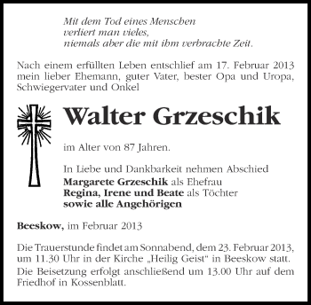 Traueranzeige von Walter Grzeschik von Märkische Oderzeitung