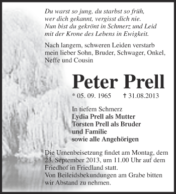 Traueranzeige von Peter Prell von Märkische Oderzeitung