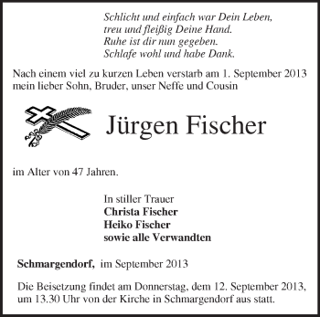 Traueranzeige von Jürgen Fischer von Märkische Oderzeitung