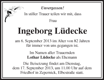 Traueranzeige von Ingeborg Lüdecke von Märkische Oderzeitung