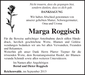 Traueranzeige von Marga Roggisch von Märkische Oderzeitung