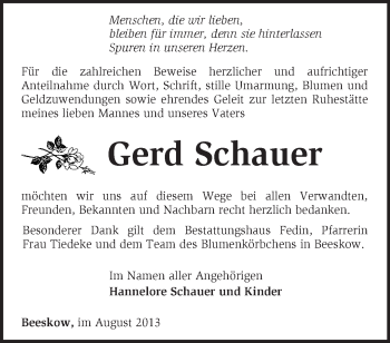 Traueranzeige von Gerd Schauer von Märkische Oderzeitung