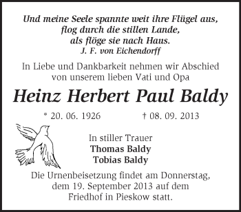 Traueranzeige von Heinz Herbert Paul Baldy von Märkische Oderzeitung