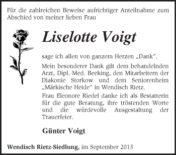 Traueranzeige von Liselotte Voigt von Märkische Oderzeitung