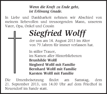 Traueranzeige von Siegfried Wolff von Märkische Oderzeitung