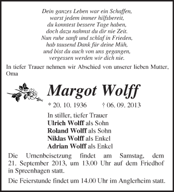 Traueranzeige von Margot Wolff von Märkische Oderzeitung