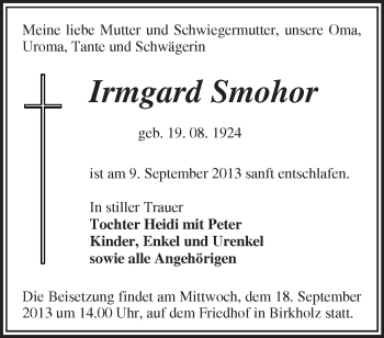 Traueranzeige von Irmgard Smohor von Märkische Oderzeitung