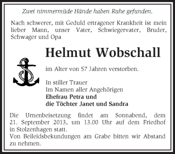 Traueranzeige von Helmut Wobschall von Märkische Oderzeitung