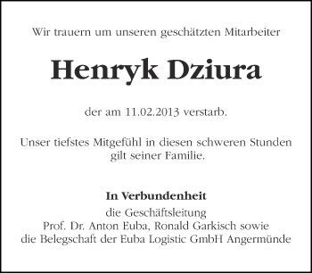 Traueranzeige von Henryk Dziura von Märkische Oderzeitung