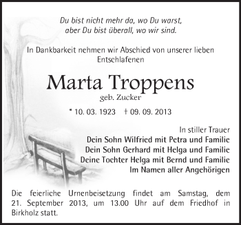 Traueranzeige von Marta Troppens von Märkische Oderzeitung