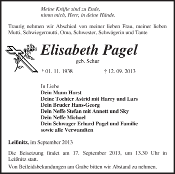 Traueranzeige von Elisabeth Pagel von Märkische Oderzeitung