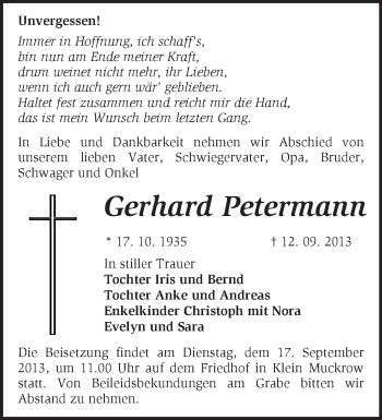 Traueranzeige von Gerhard Petermann von Märkische Oderzeitung