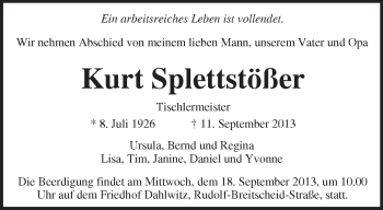 Traueranzeige von Kurt Splettstößer von Märkische Oderzeitung