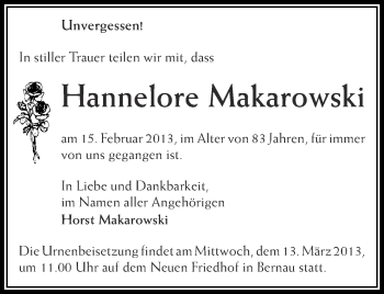 Traueranzeige von Hannelore Makarowski von Märkische Oderzeitung