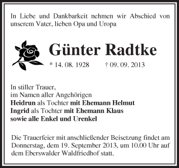 Traueranzeige von Günter Radtke von Märkische Oderzeitung